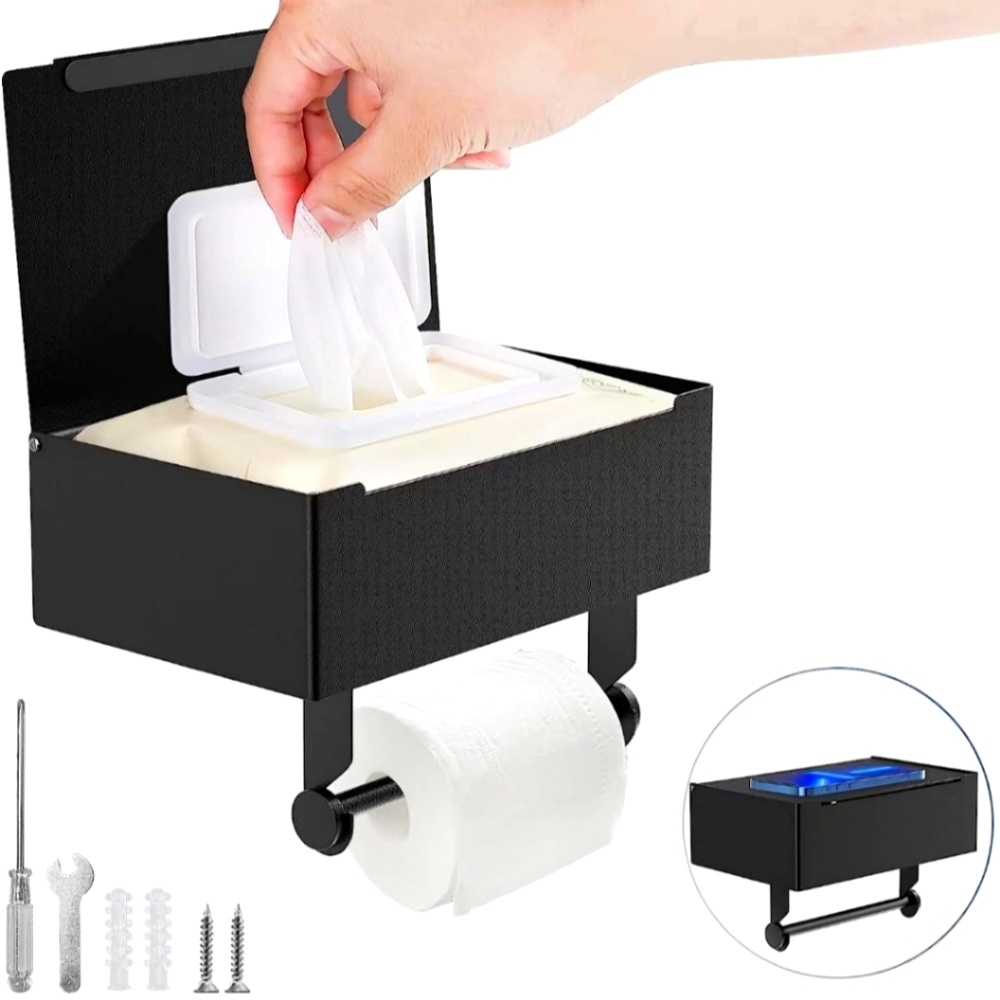Wall-Mounted Toilet Paper Holder with Shelf and Wipes Dispenser